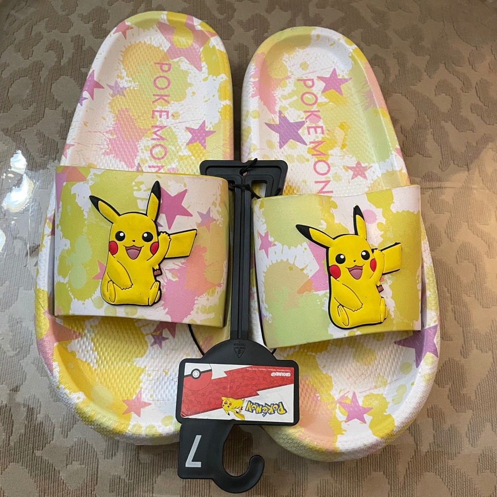 Pokemon Pikachu Slides Yellow Pink Star Splatter Sandals Womens 7 Ground Up NEW